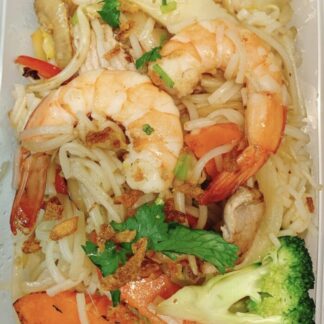 Pâtes de riz sautées aux porc et crevettes       
